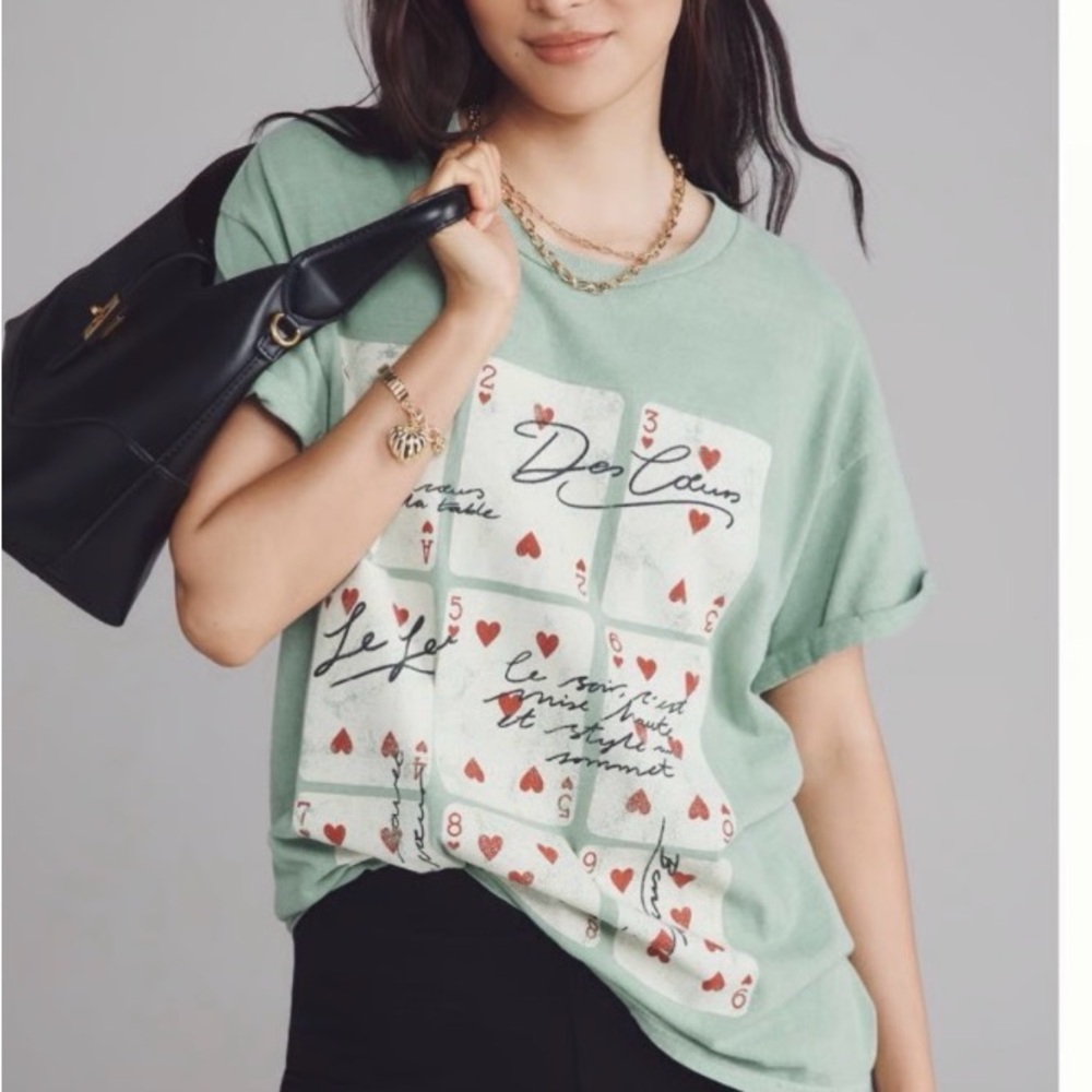 Anthropologie Mint Green Playing Card Graphic Tee